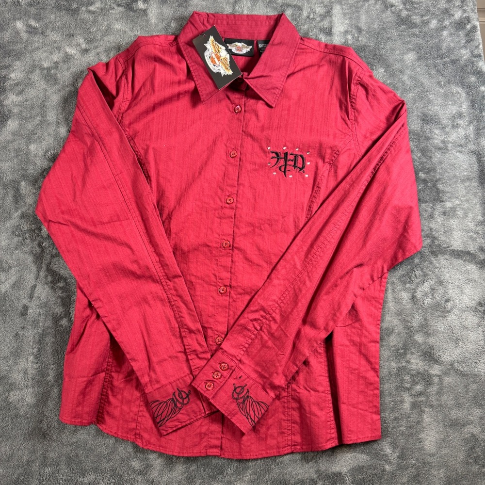 NWT Harley-Davidson Womens XL Red Rhinestone Winged Button Up Shirt 96125-09VW